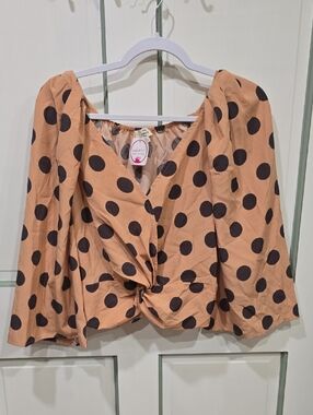 entro Beige Polka Dot Knot-Front Blouse with Black Dots